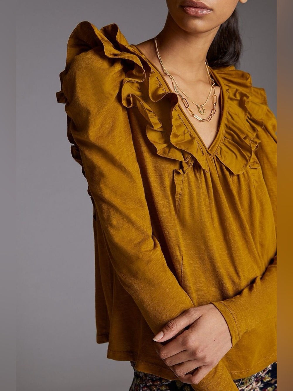 By Anthropologie XS Mustard Ruffle V-Neck Long Sleeve Boho Top